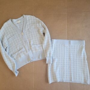 Blue and White Knit Cardigan and Skirt Set